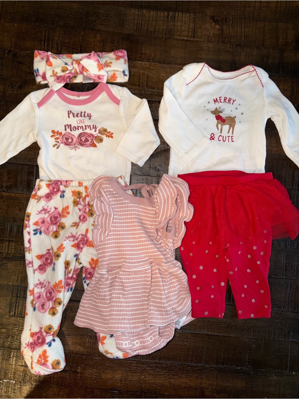 Girls Pink Floral & Red Holiday Pajama Set with Headband